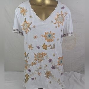 Johnny Was White Blouse With Vibrant Floral  Embroidery Front & Back Medium